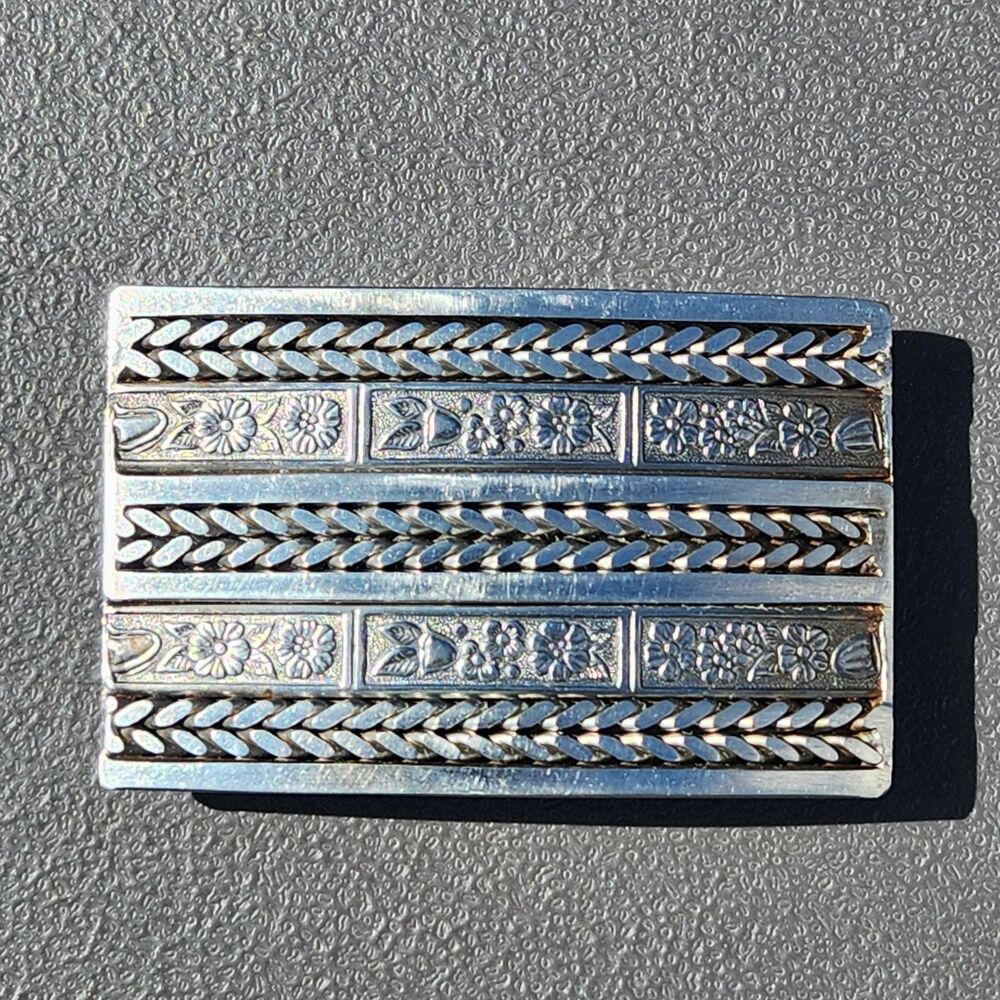 Vintage Custom Machine Shop Stainless Steel Biker Belt Buckle Floral Pattern